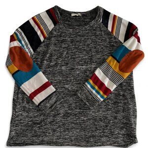 Eloges Women Raglan Stripe Sleeve Knit Sweater MED Gray Patch Pockets Boho-A338